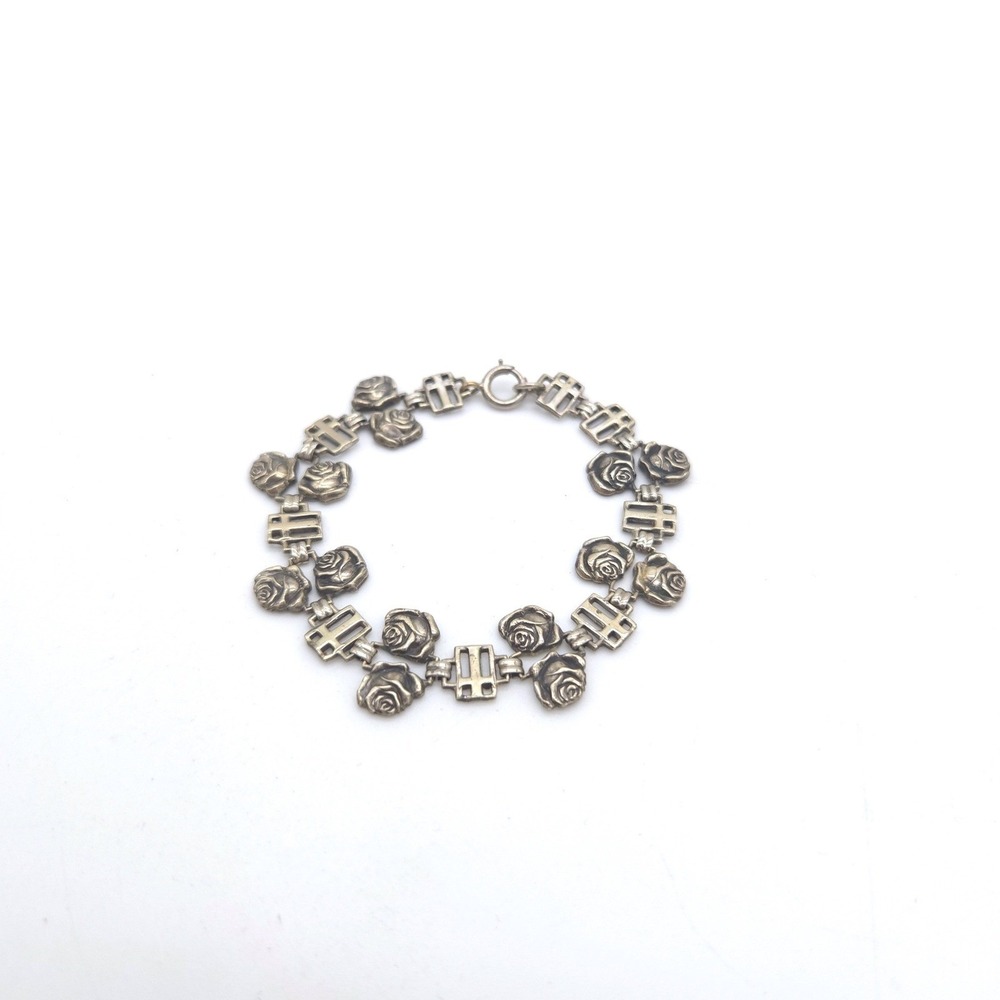 Vintage Stations of the Cross Rose Link Bracelet Silver Tone‎ Religious 7 Inch